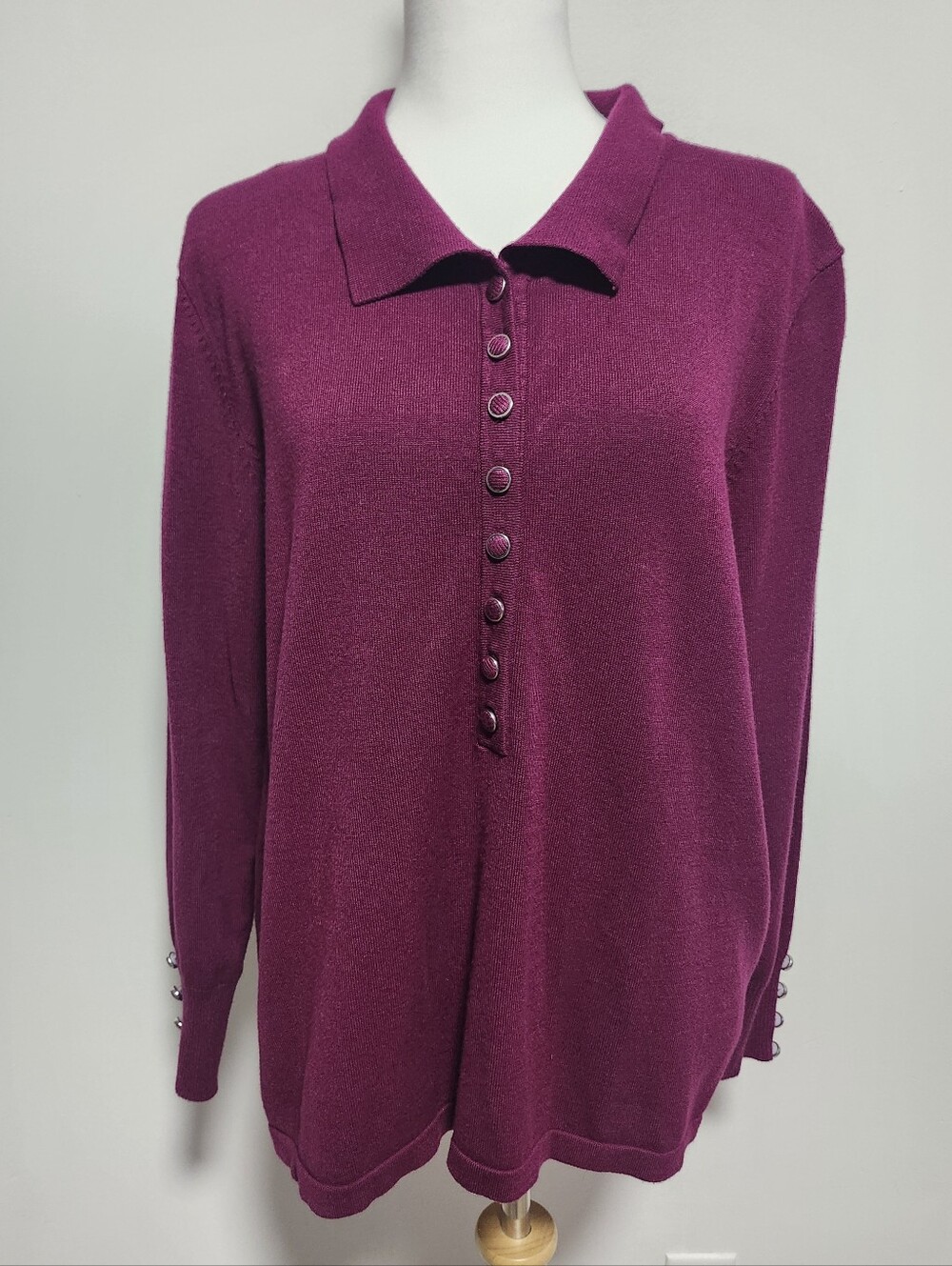 MARBLE Plum Button-Up Collar Knit Pullover